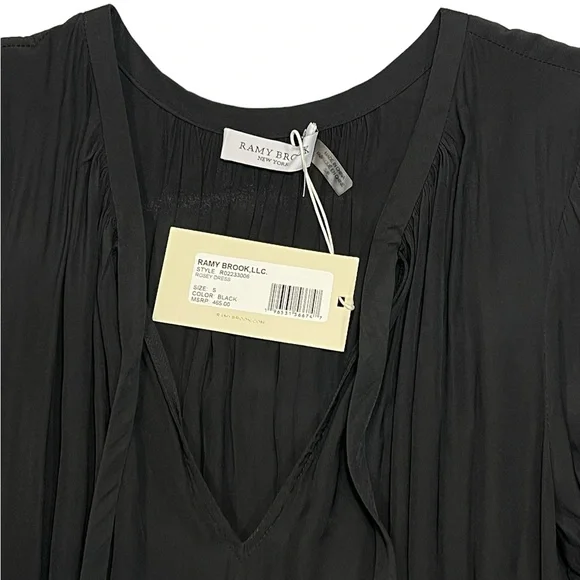 Ramy Brook Rosey Blouson Smocked Mini Dress Black Long Sleeve Tie Neck Size S - Picture 6 of 16